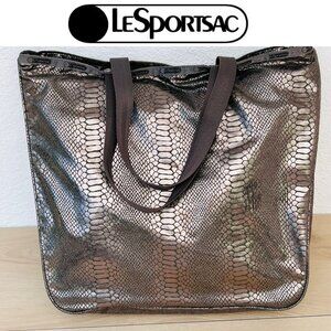 LeSportsac Limited Edition Y2K Silver Metallic Python Snakeskin Tote w/ Snap Top